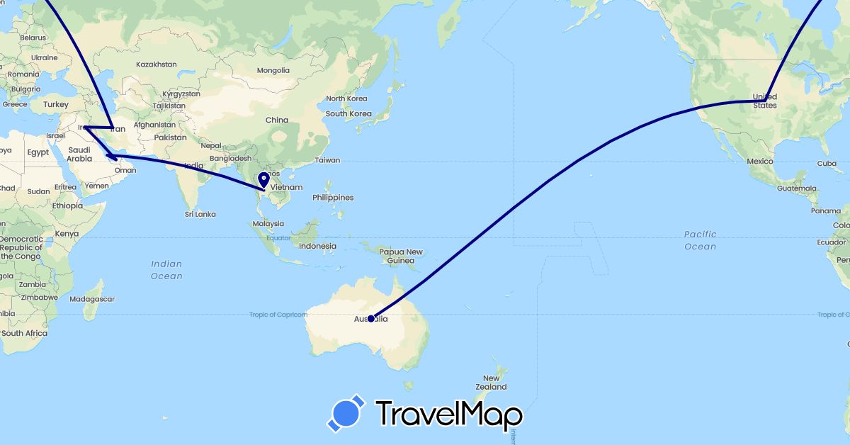 TravelMap itinerary: driving in United Arab Emirates, Australia, Iraq, Iran, Qatar, Thailand, United States (Asia, North America, Oceania)